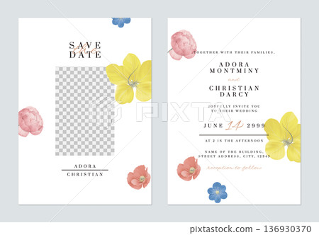 Floral wedding invitation card template, various flowers on white 136930370