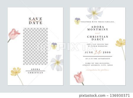 Floral wedding invitation card template, various flowers on white Floral wedding invitation card template, various flowers on white 136930371