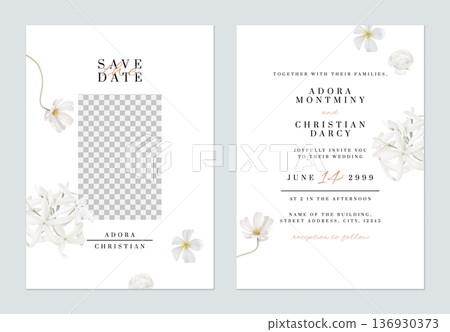 Floral wedding invitation card template, various white flowers on white 136930373