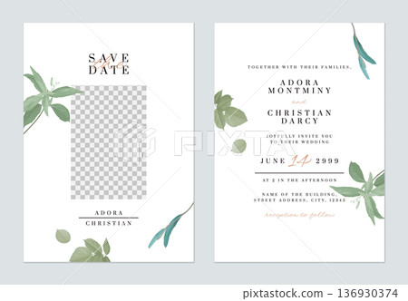 Foliage wedding invitation card template, various leaves on white Foliage wedding invitation card template, various leaves on white 136930374