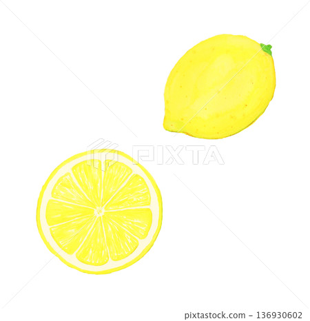 Hand-drawn watercolor realistic whole lemon and slice set (without leaves, white background, food illustration) 136930602
