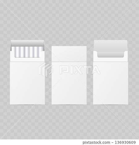 Realistic White Cigarette Pack Mockup Set. Vector Open and Closed Flip-Top Box Template with Cigarettes. 136930609