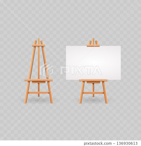 Realistic Wooden Artist Easel Mockup Set. Vector Tripod Stand with Blank White Horizontal Canvas. Realistic Wooden Artist Easel Mockup Set. Vector Tripod Stand with Blank White Horizontal Canvas. 136930613