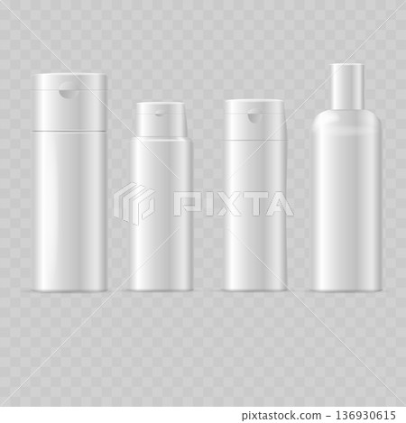 Realistic White Cosmetic Bottle Mockup Set. Vector Plastic Shampoo, Lotion and Shower Gel Container Templates with Flip-Top Caps. 136930615