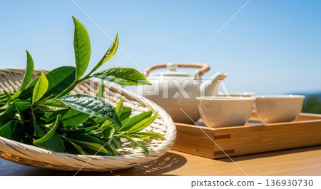 Image of Japanese tea with tea fields under blue sky, freshly picked tea leaves, teapot and teacups Image of Japanese tea with tea fields under blue sky, freshly picked tea leaves, teapot and teacups 136930730
