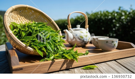 Image of Japanese tea with tea fields under blue sky, freshly picked tea leaves, teapot and teacups 136930732