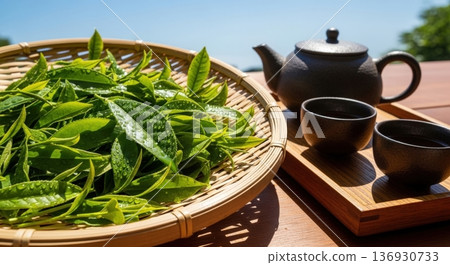 Image of Japanese tea with tea fields under blue sky, freshly picked tea leaves, teapot and teacups 136930733