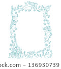 Doodle frame of mermaid, shells, castle, seaweed and flowers. Frame on the theme of sea vacation. Vector illustration 136930739