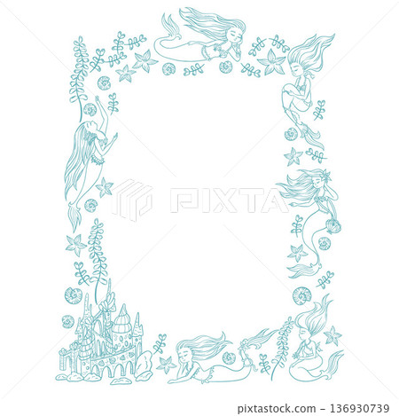 Doodle frame of mermaid, shells, castle, seaweed and flowers. Frame on the theme of sea vacation. Vector illustration 136930739