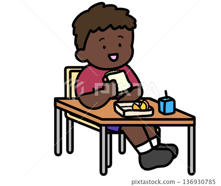 School Life: A black boy eating lunch at his desk (sandwich) School Life: A black boy eating lunch at his desk (sandwich) 136930785