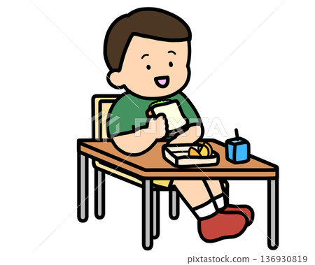 School life: Asian boy eating lunch at his desk (sandwich) School life: Asian boy eating lunch at his desk (sandwich) 136930819