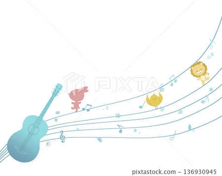 藍色吉他和動物插圖 136930945