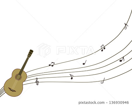 A simple illustration of a guitar and musical notes 136930946