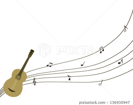 A simple illustration of a guitar and musical notes 136930947