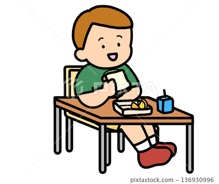 校園生活:棕髮男孩在課桌前吃午餐(三明治) 校園生活:棕髮男孩在課桌前吃午餐(三明治) 136930996