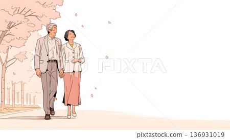 A calm, active senior couple walking along a row of cherry blossom trees in spring 136931019