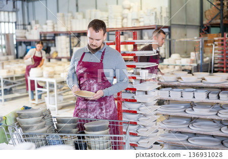 Pottery expert inspecting handmade plate in artisanal ceramics studio Pottery expert inspecting handmade plate in artisanal ceramics studio 136931028