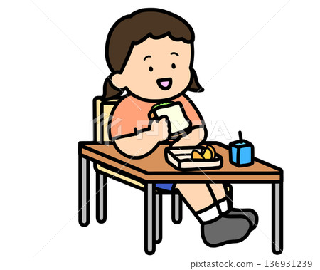 School life: Asian girl eating lunch at a desk (sandwich) School life: Asian girl eating lunch at a desk (sandwich) 136931239