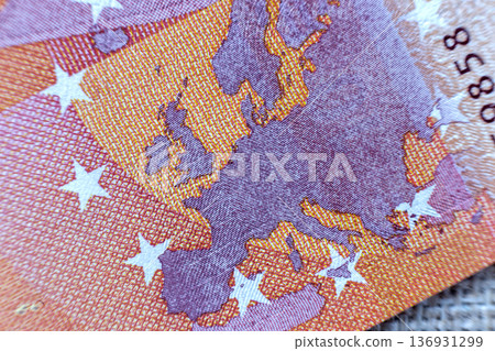 Money, busyness and finances concept. Detail part of five hundred banknote euro national currency bill. Symbol of wealth and prosperity. Money, busyness and finances concept. Detail part of five hundred banknote euro national currency bill. Symbol of wealth and prosperity. 136931299