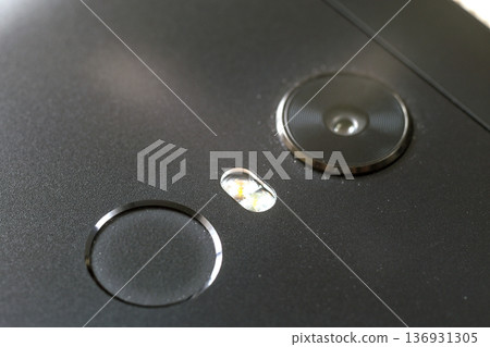Close-up detail of cellphone with security thumb fingerprint scanning device and camera. Modern technology security and smartphone design concept. 136931305