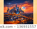 未來城市在夕陽和數位網路的映襯下閃閃發光的概念圖 136931557