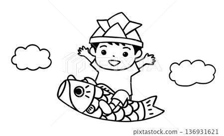男孩騎著鯉魚飄帶的線條畫插圖 男孩騎著鯉魚飄帶的線條畫插圖 136931621