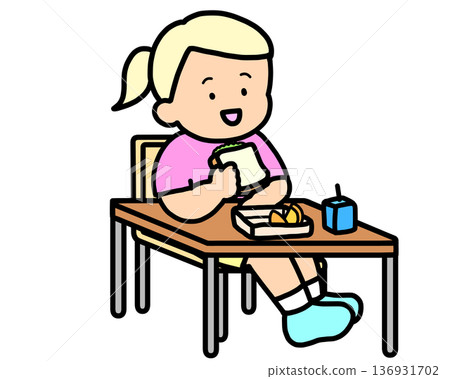 School life: Blonde girl eating lunch at her desk (sandwich) School life: Blonde girl eating lunch at her desk (sandwich) 136931702