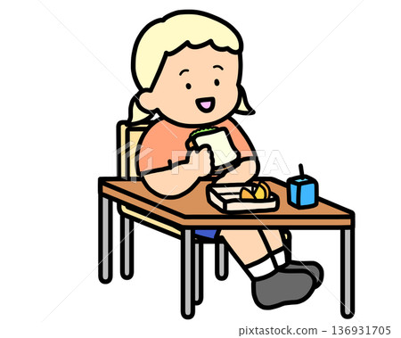 School life: Blonde girl eating lunch at her desk (sandwich) School life: Blonde girl eating lunch at her desk (sandwich) 136931705