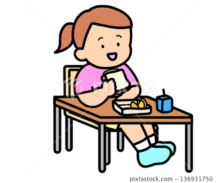 校園生活:一位棕髮女孩在課桌前吃午餐(三明治) 校園生活:一位棕髮女孩在課桌前吃午餐(三明治) 136931750
