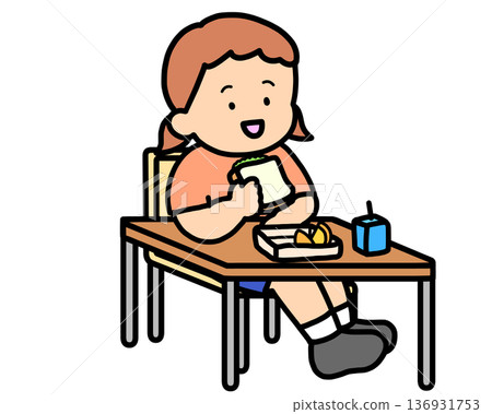 校園生活:一位棕髮女孩在課桌前吃午餐(三明治) 校園生活:一位棕髮女孩在課桌前吃午餐(三明治) 136931753