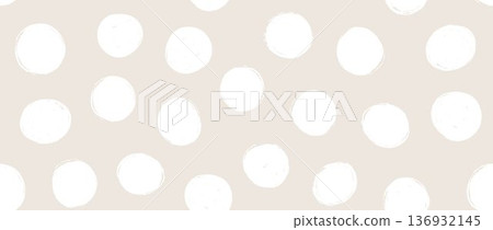 Pastel beige birthday polka dot seamless pattern. Repeated ecru round painted confetti background. Happy dotted wallpaper for Easter wrapping paper, birthday decoration, kid bday nursery decor. Vector 136932145