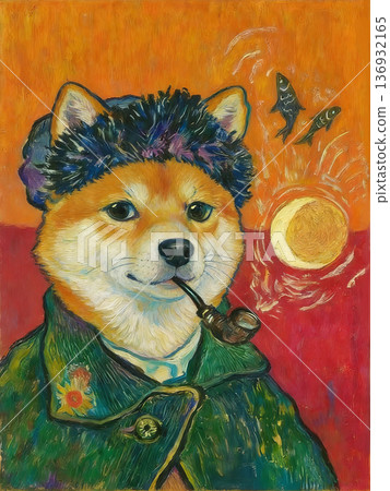 Shiba Inu in the style of Van Gogh's self-portraits 136932165