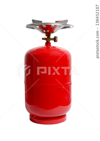 red gas cylinder with a fuel regulator and a burner in profile red gas cylinder with a fuel regulator and a burner in profile 136932187