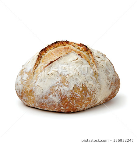 Freshly Baked Round Bread Loaf on White Background Perfect for Culinary Stock Images 136932245