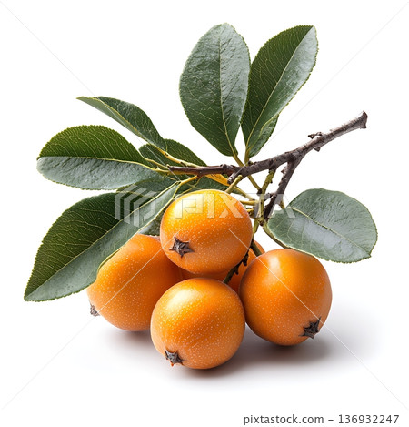Fresh Medlar Fruits on Branch Surrounded by Green Leaves Isolated on White Background Fresh Medlar Fruits on Branch Surrounded by Green Leaves Isolated on White Background 136932247