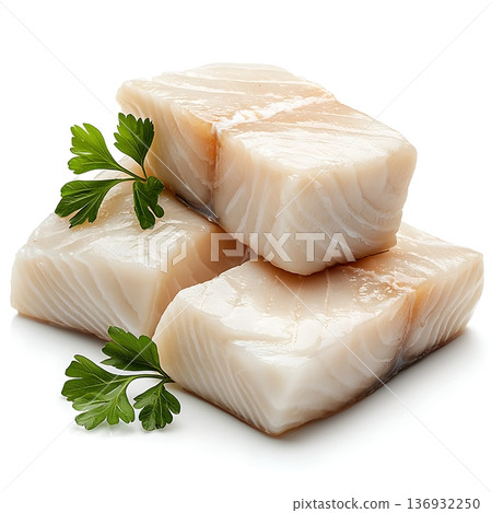 Fresh Raw Fish Filets with Green Parsley Leaves on White Background Fresh Raw Fish Filets with Green Parsley Leaves on White Background 136932250