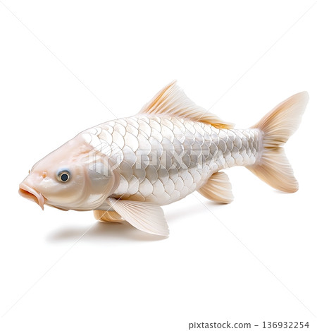 White Carp Fish with Shimmering Scales Swimming in Clear Water Environment 136932254