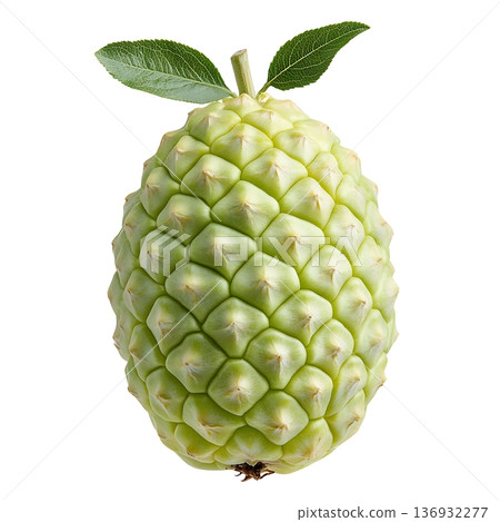 Fresh Green Cherimoya Fruit with Leaves Isolated on White Background for Food Photography 136932277