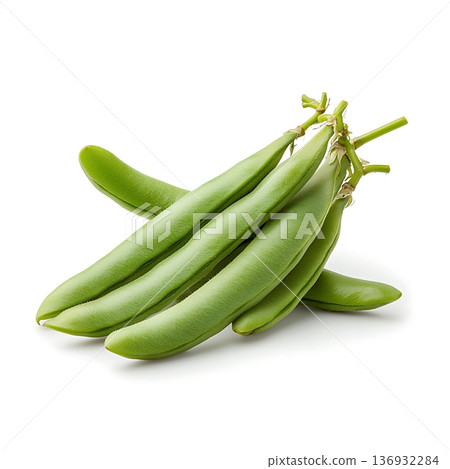 Fresh Green Snap Peas Stacked on a White Background Ready for Cooking or Snacking 136932284
