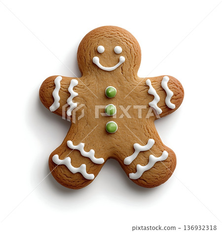 Delightful Gingerbread Man Cookie with Icing and Colorful Candy Decorations for Holiday Treats 136932318
