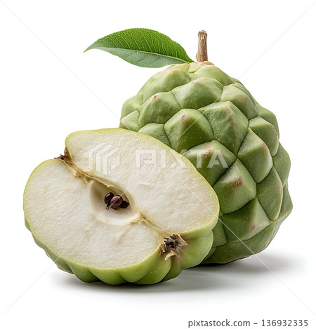 Fresh Cherimoya Fruit with Cross Section and Leaf Isolated on White Background 136932335