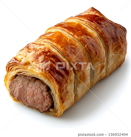 Juicy Beef Wellington Wrapped in Flaky Puff Pastry on a White Background 136932404