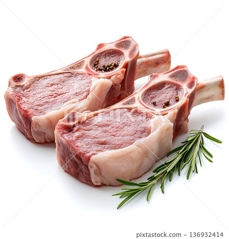 Raw Lamb Chops with Fresh Rosemary on White Background for Culinary Inspiration Raw Lamb Chops with Fresh Rosemary on White Background for Culinary Inspiration 136932414