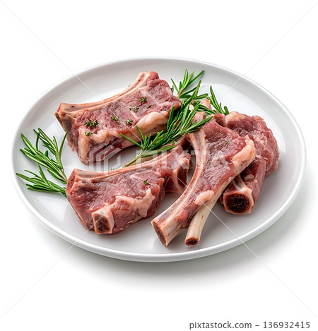 Fresh Raw Lamb Chops on a White Plate Garnished with Rosemary Sprigs for Cooking Fresh Raw Lamb Chops on a White Plate Garnished with Rosemary Sprigs for Cooking 136932415