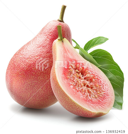 Fresh pink guava and half sliced fruit with green leaves on a white background 136932419