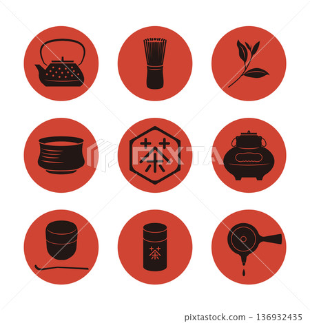 Set of simple tea ceremony utensil icons Set of simple tea ceremony utensil icons 136932435