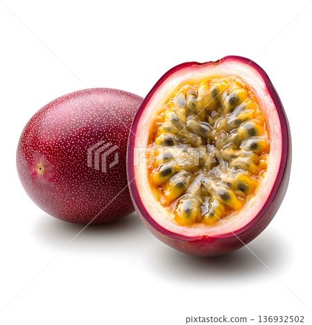 Fresh Passion Fruit Halved and Whole on White Background for Healthy Food Concepts Fresh Passion Fruit Halved and Whole on White Background for Healthy Food Concepts 136932502
