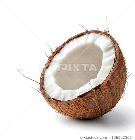 Fresh Coconut Shell Open with Soft White Flesh Inside on White Background Fresh Coconut Shell Open with Soft White Flesh Inside on White Background 136932505