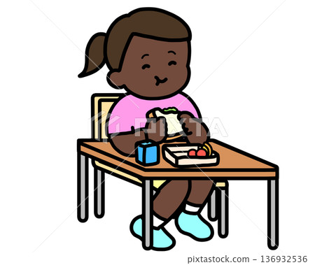 Lunchtime: Black girl eating a sandwich at her desk Lunchtime: Black girl eating a sandwich at her desk 136932536