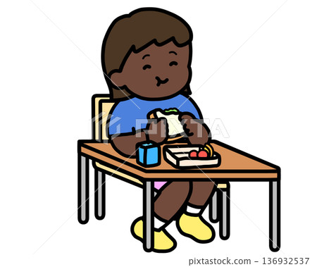 Lunchtime: Black girl eating a sandwich at her desk Lunchtime: Black girl eating a sandwich at her desk 136932537